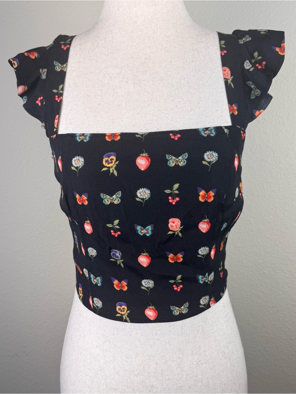 PAIGE Y2K Fairycore Black Butterfly Strawberry Floral Crop Top NWT Size: XS